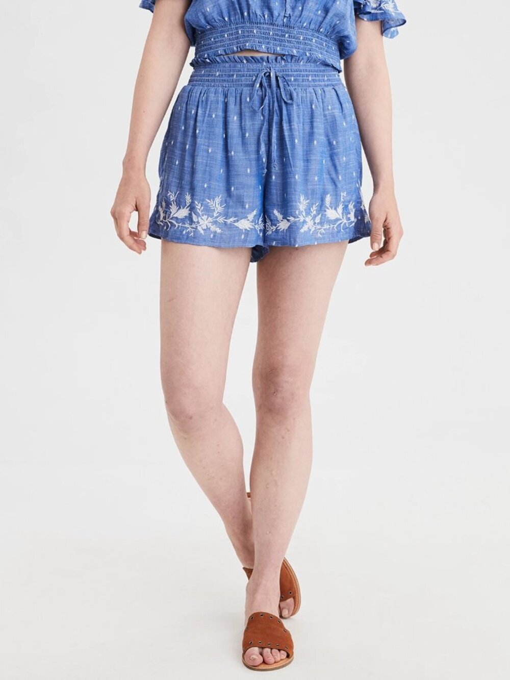 American Eagle Outfitters AE Embroidered Smocked Short Rayon Blue 2 #A3182